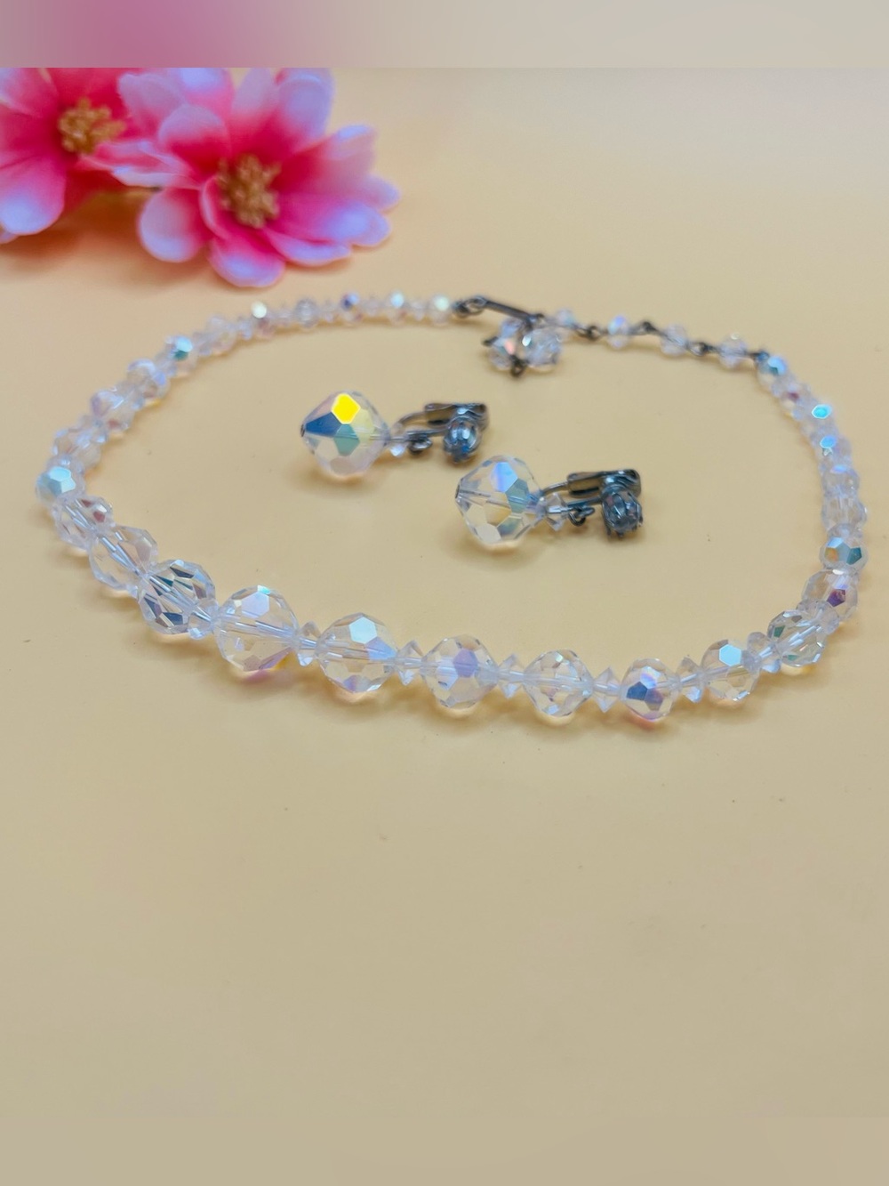 Vintage Crystal Bead Necklace CHOKER and Clip-On Earrings - Iridescent